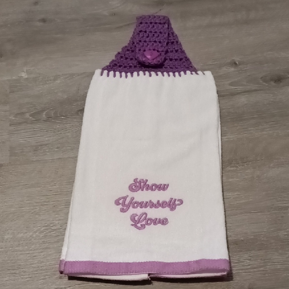 Show Yourself Love Purple & White Hanging Kitchen Towel With Crochet Top